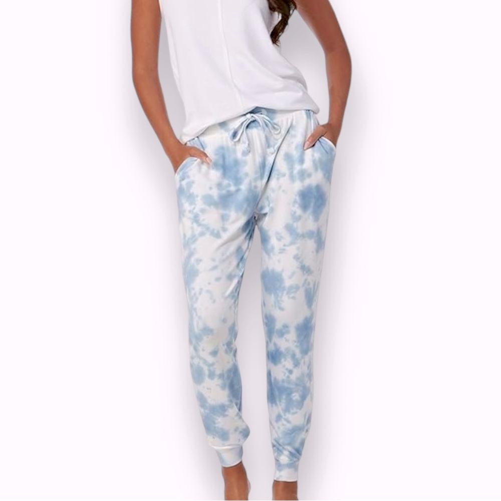 MUD PIE Blue Tie Dye Casual Relaxed Fit Sweatpants Drawstring Joggers w Pockets